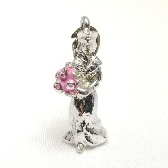 Vintage Bride with Bouquet Charm Pendant, Silver Tone Pink Enamel, Wedding - Picture 2 of 7